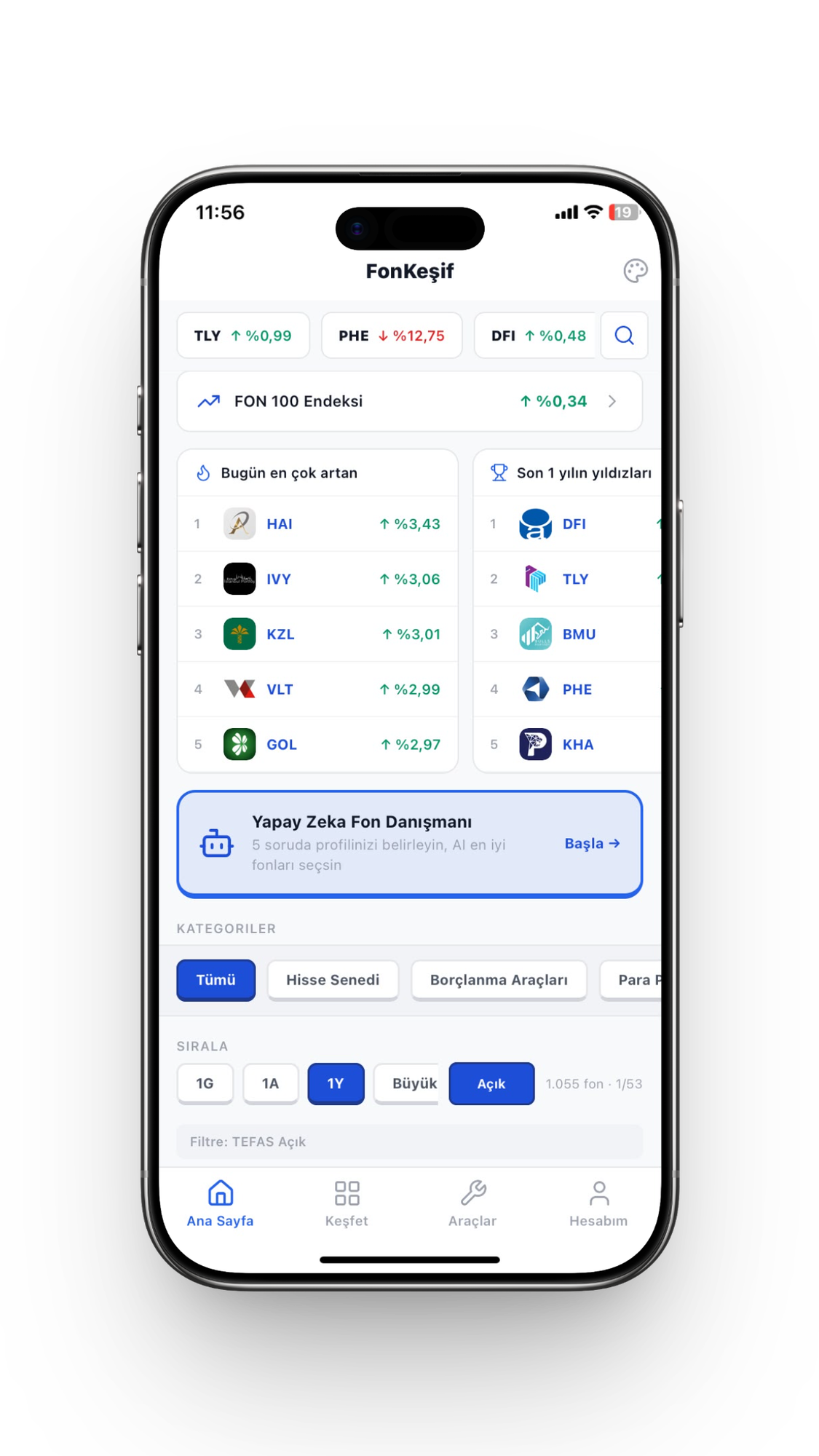 FonKeşif mobil uygulaması — Android ve iPhone'da